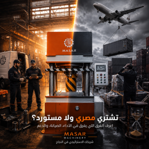 "Egyptian-made hydraulic press by Masar Machinery comparing local manufacturing with imported machinery, focusing on quality, after-sales service, and maintenance support."