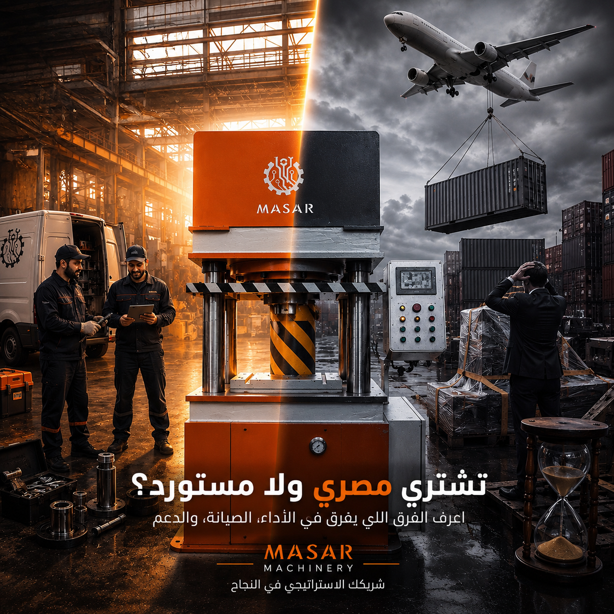 "Egyptian-made hydraulic press by Masar Machinery comparing local manufacturing with imported machinery, focusing on quality, after-sales service, and maintenance support."
